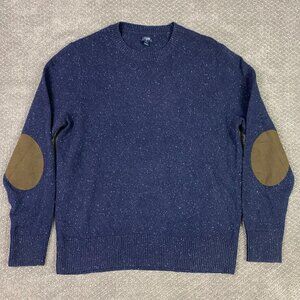 J. CREW Lambswool Sweater Men's Large Blue Speckled Crewneck Elbow Patches Patch